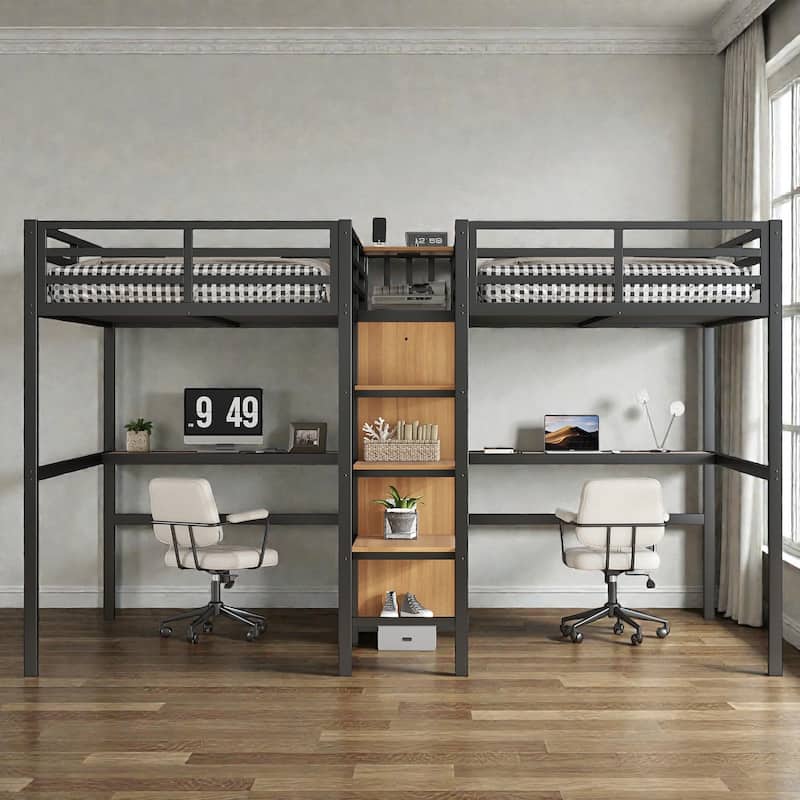 Twin Over Twin Metal Loft Bed with Double Desk, Wardrobe, Shelves and Power Outlets, Space-Saving Design