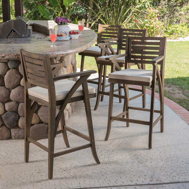Hermosa Acacia Wood Cushioned Bar Stool (Set of 4) by Christopher Knight Home - Grey+Cream