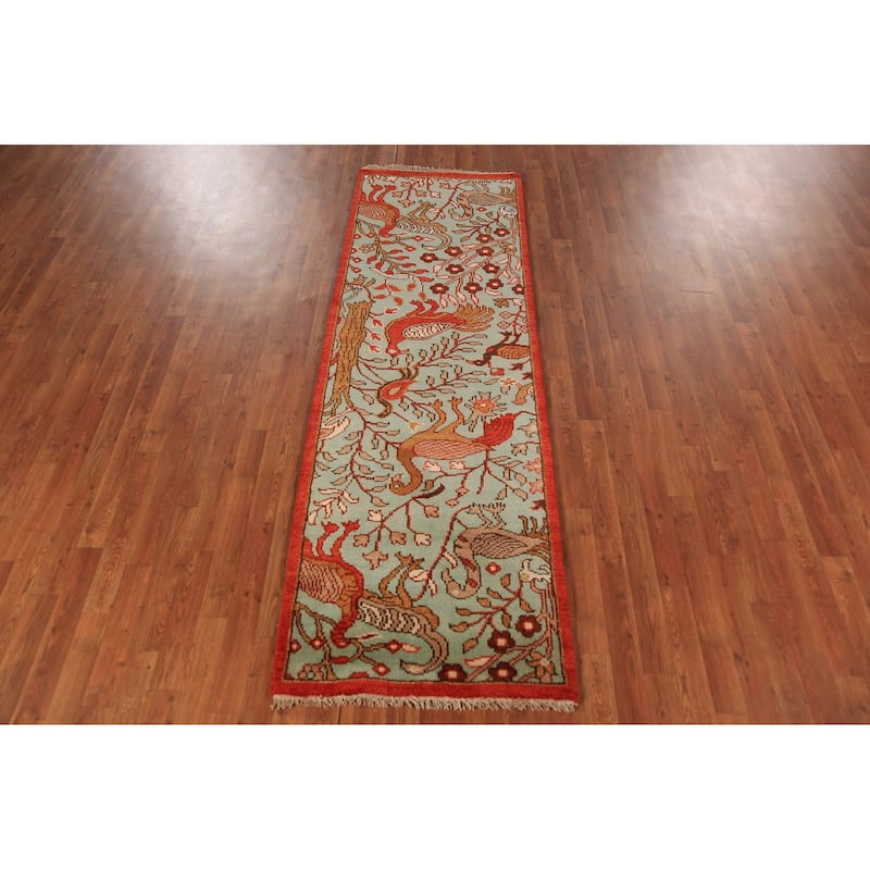 Animals Green Ziegler Indian Runner Rug Handmade Wool Carpet - 2'7"x 7'11"