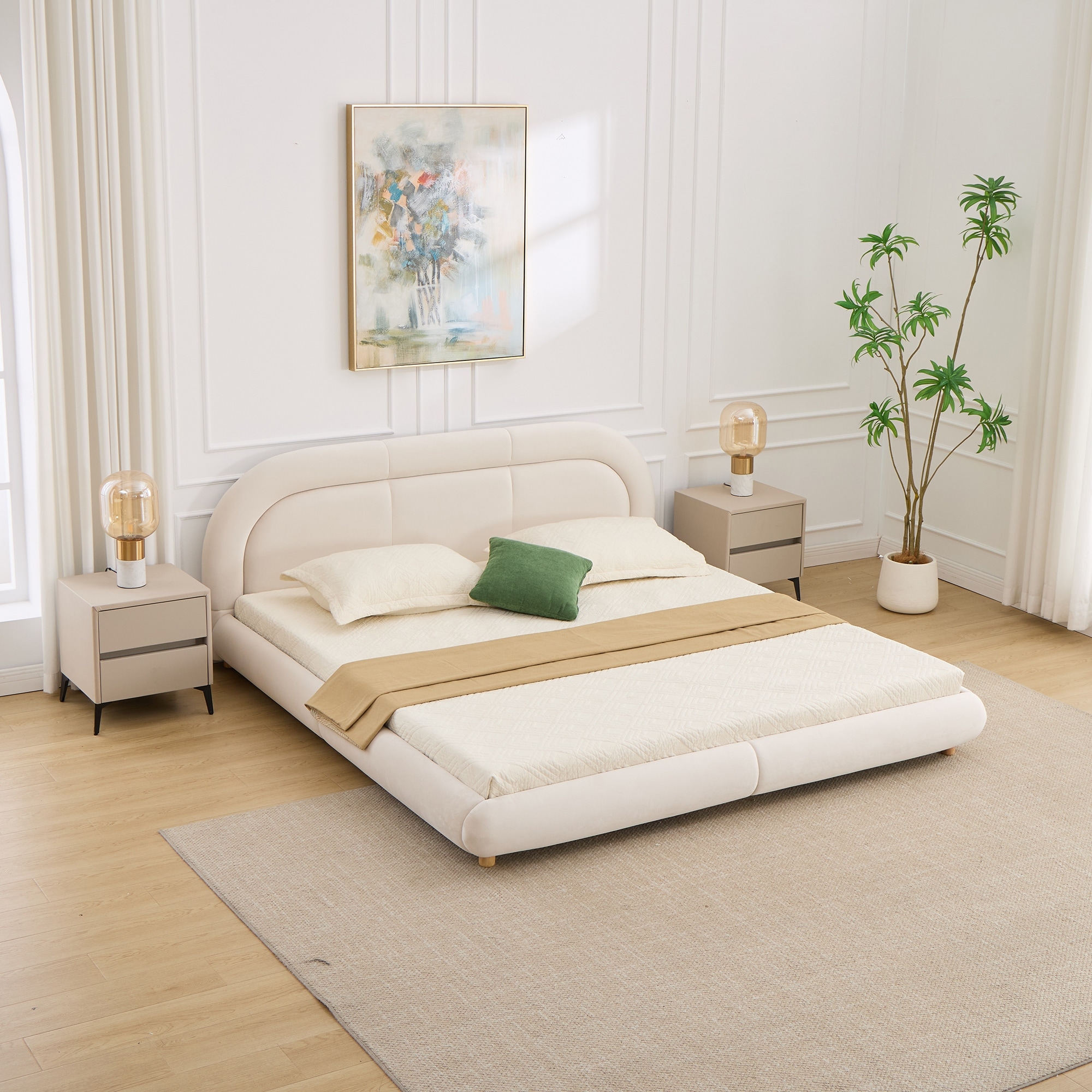 King Size Platform Bed Frame with Curved Upholstered Headboard