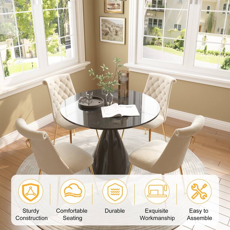 48" Light Luxury Black High Gloss Large Countertop Dining Table with Velvet Dining Chair Set