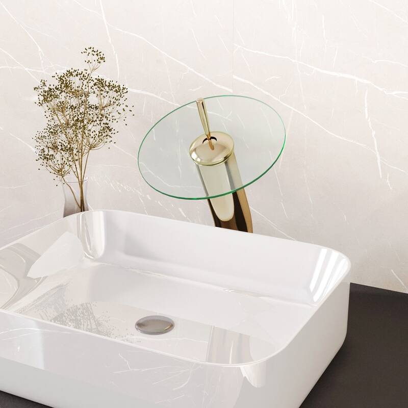 Brass Bathroom Faucets 12" Waterfall Faucet with Clear Glass Disk, Supply Lines and Mounting Hardware