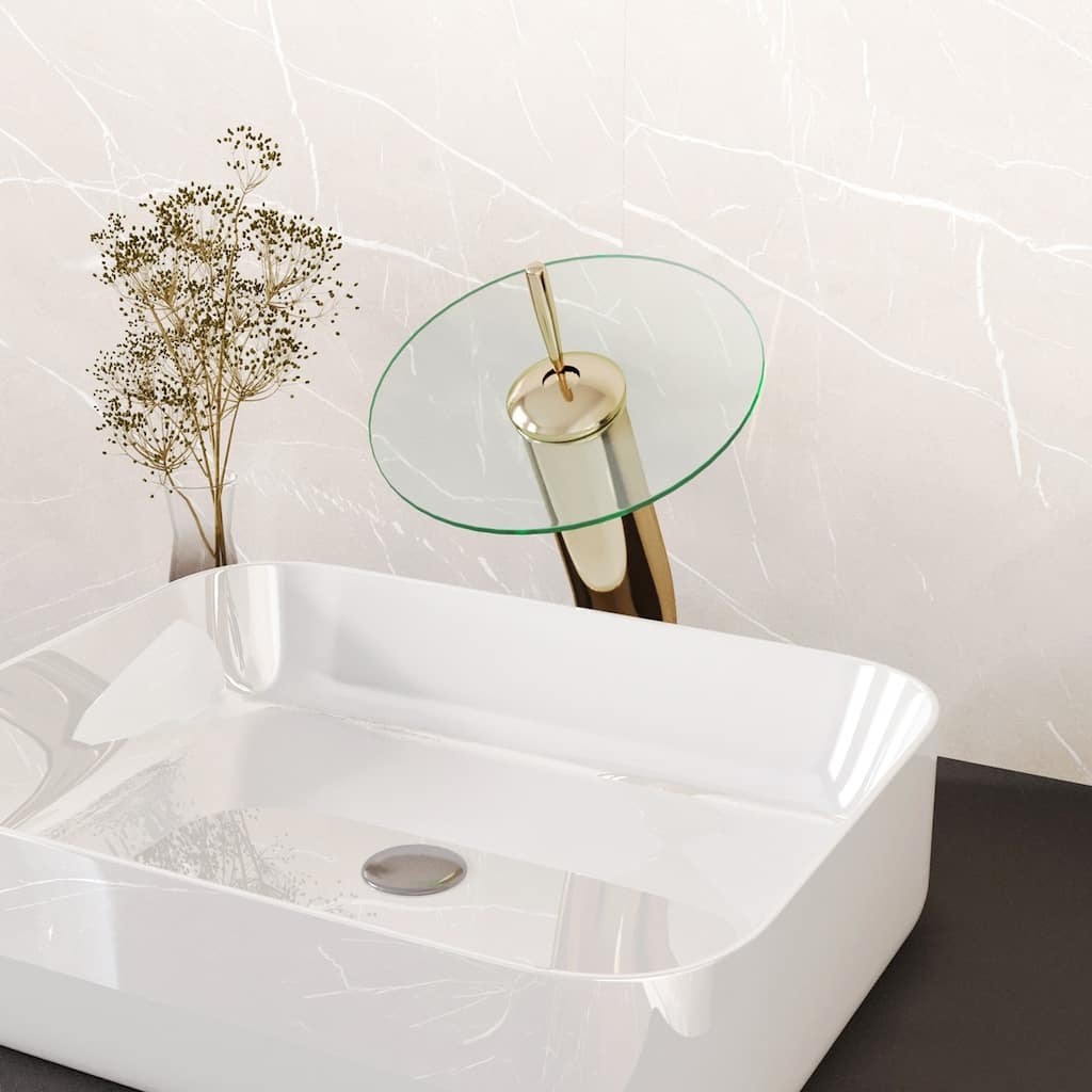 Brass Bathroom Faucets 12" Waterfall Faucet with Clear Glass Disk, Supply Lines and Mounting Hardware