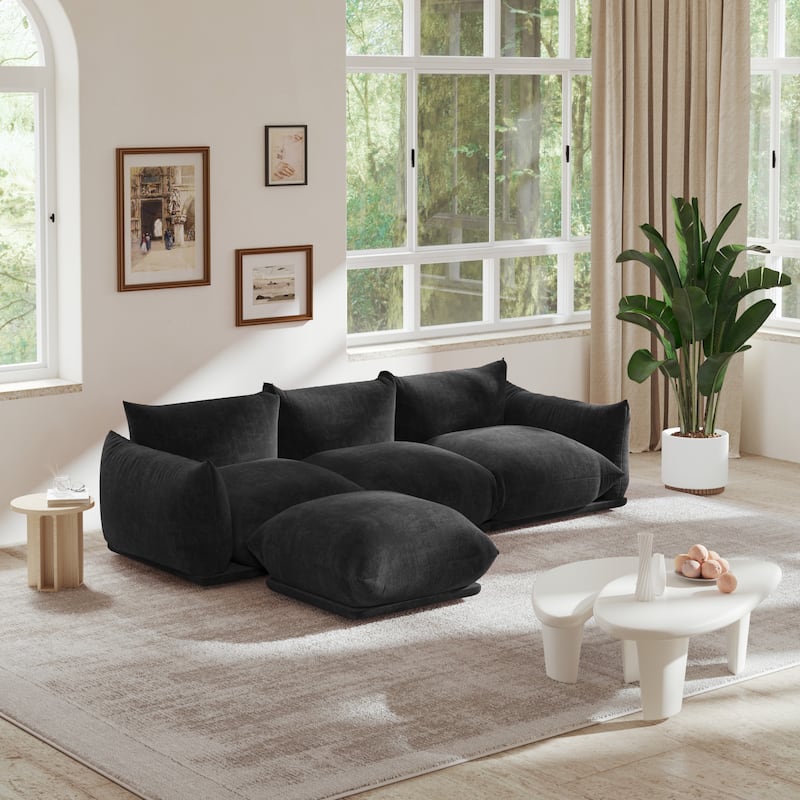103.9'' L-Shaped Sectional Sofa Chenille Fabric 3-Seat Couch with Ottoman - Black