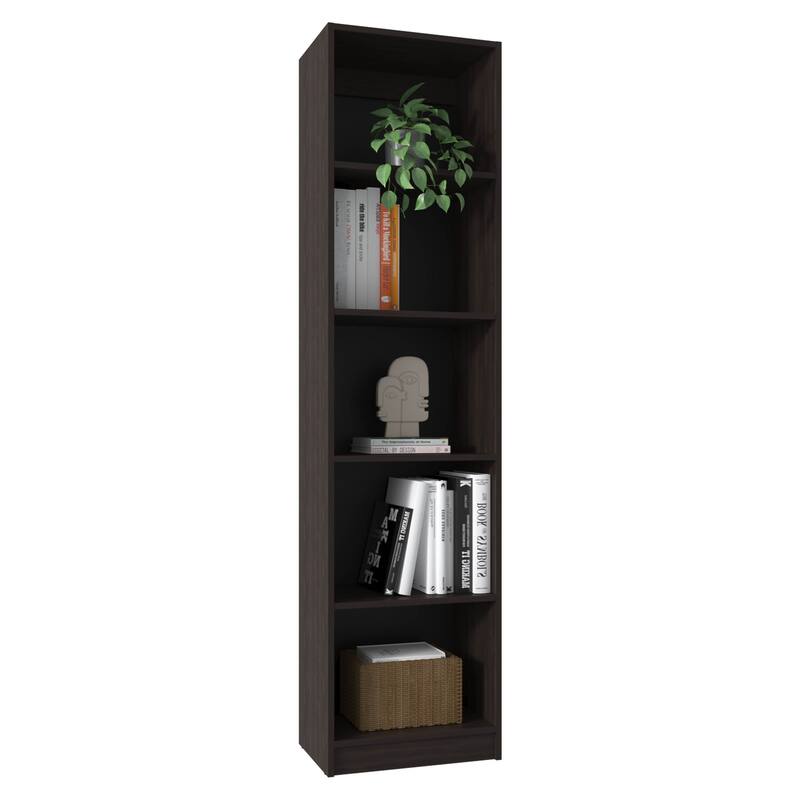 Home Slim 5 Shelves Narrow Bookcase With Open Shelves, Stained Walnut