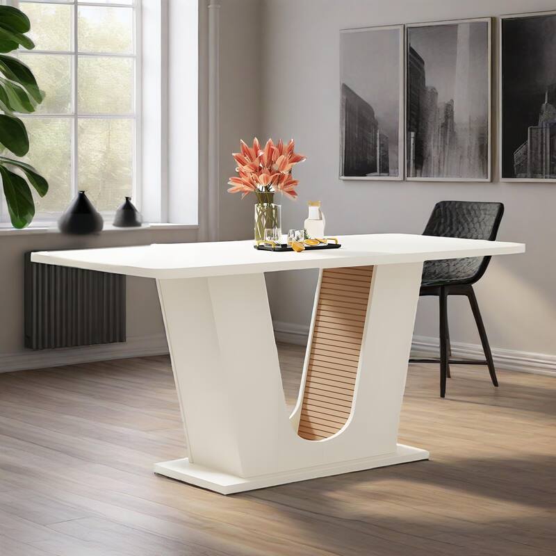 Cream MDF 4 to 6 Seater Dining Table with Modern Minimalist U-Base - 55.12” x 31.5” x 29.53”