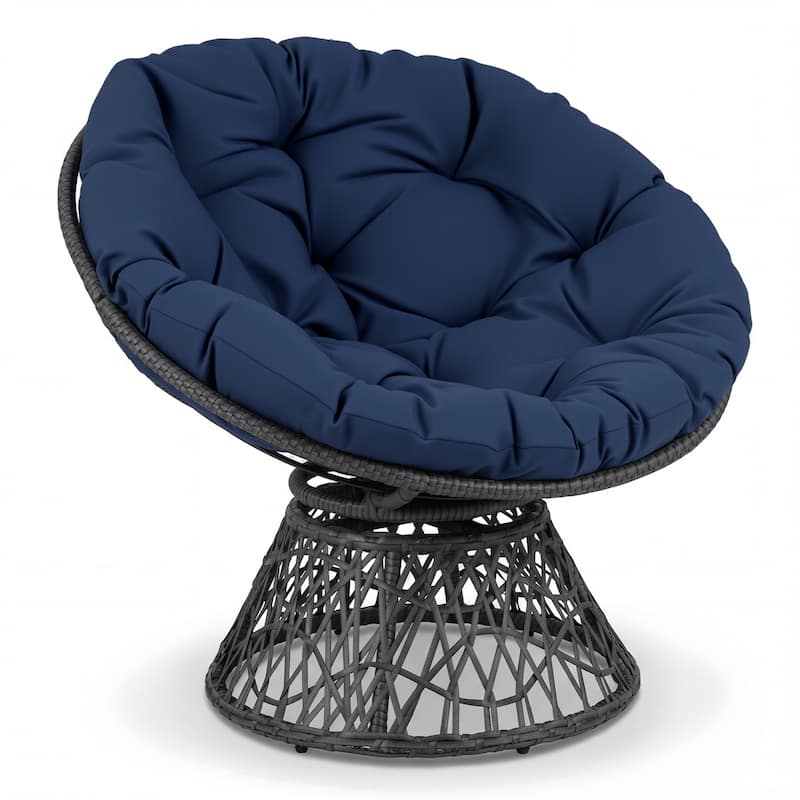 Gymax 360-DegreeSwivel Papasan Chair Round Wicker Lounge Chair w/Thick - Blue