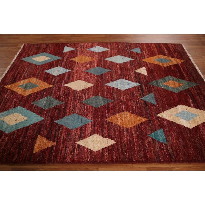 Hand Knotted Oriental 100% Wool Carpet Modern Tribal Red Moroccan Area Rug - 7' 7'' X 5' 9''