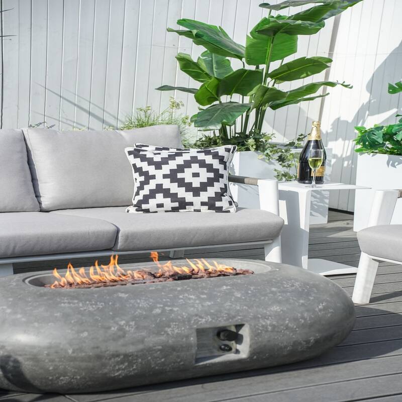 7 Piece Aluminum Patio Conversation Sofa Set with Oval Cement Fire Pit Table