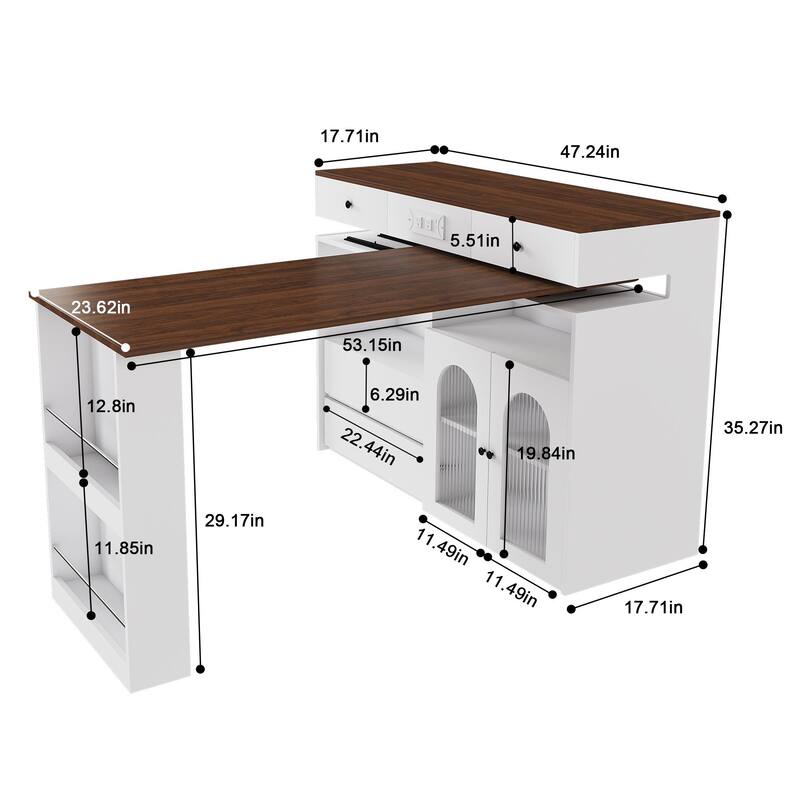 Kitchen Island with Extendable Rotating Table, 4 Drawers, Glass Doors & Built-in Socket