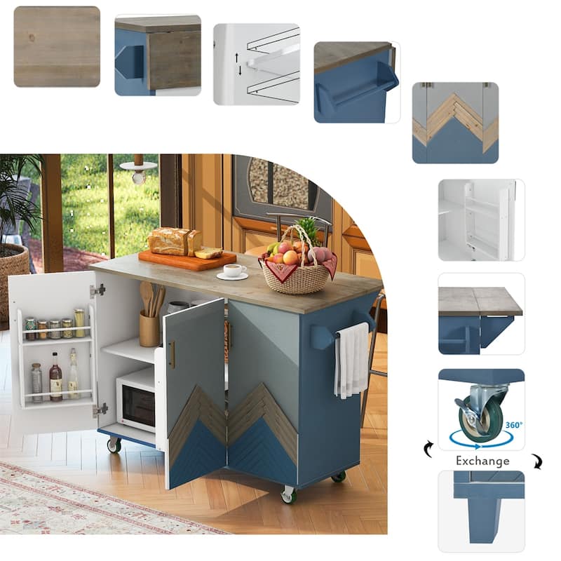 Retro Mountain Wood Kitchen Island with Drop Leaf, Storage Rack
