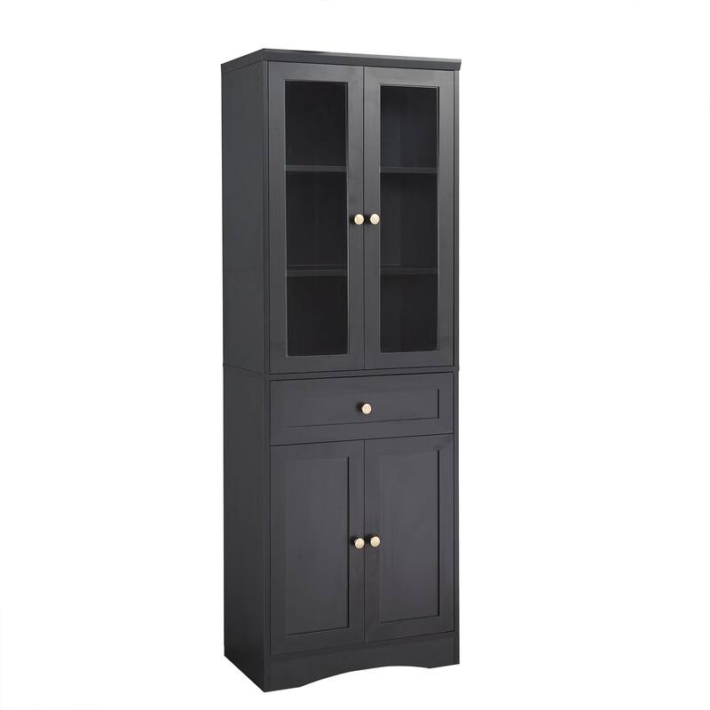 Bathroom Storage Cabinet with Glass Doors and Adjustable Shelves, Tall Pantry Cabinet with Drawer and Enclosed Storage