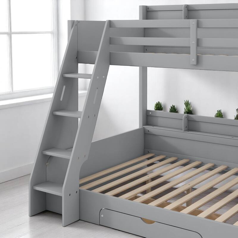 Twin Over Full Bunk Bed with Storage Shelves, LED Lights, Charging Station, and Drawer, kid bed,Storage bed