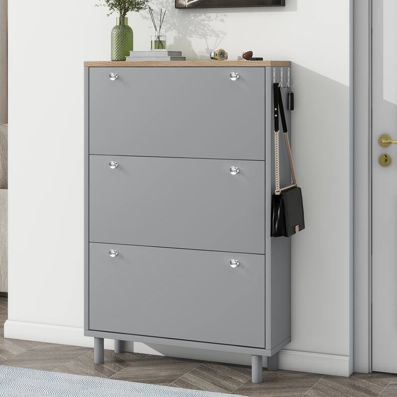 Narrow Shoe Cabinet with 3 Flip Drawers & Adjustable Shelves for Entryway Storage