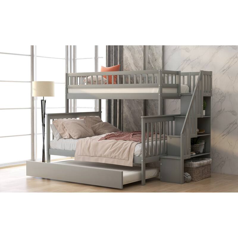 Twin Over Full Bunk Bed with Trundle and Storage Staircase, Space-Saving Design
