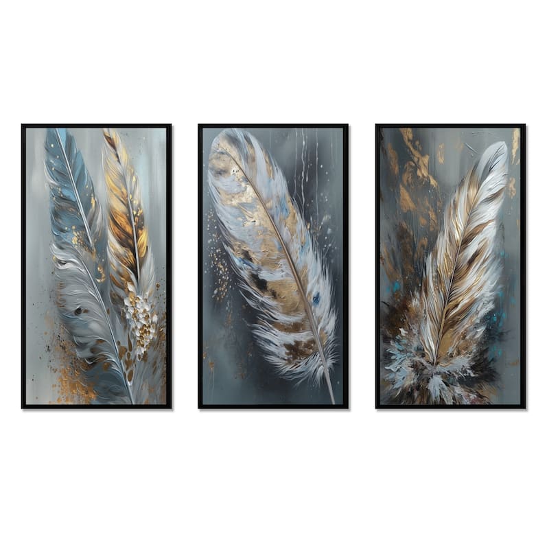 Designart "Gold Feather Wanderlust III" Glam Feather Framed Wall Art Set Of 3 Frame Gallery Set For Office Decor