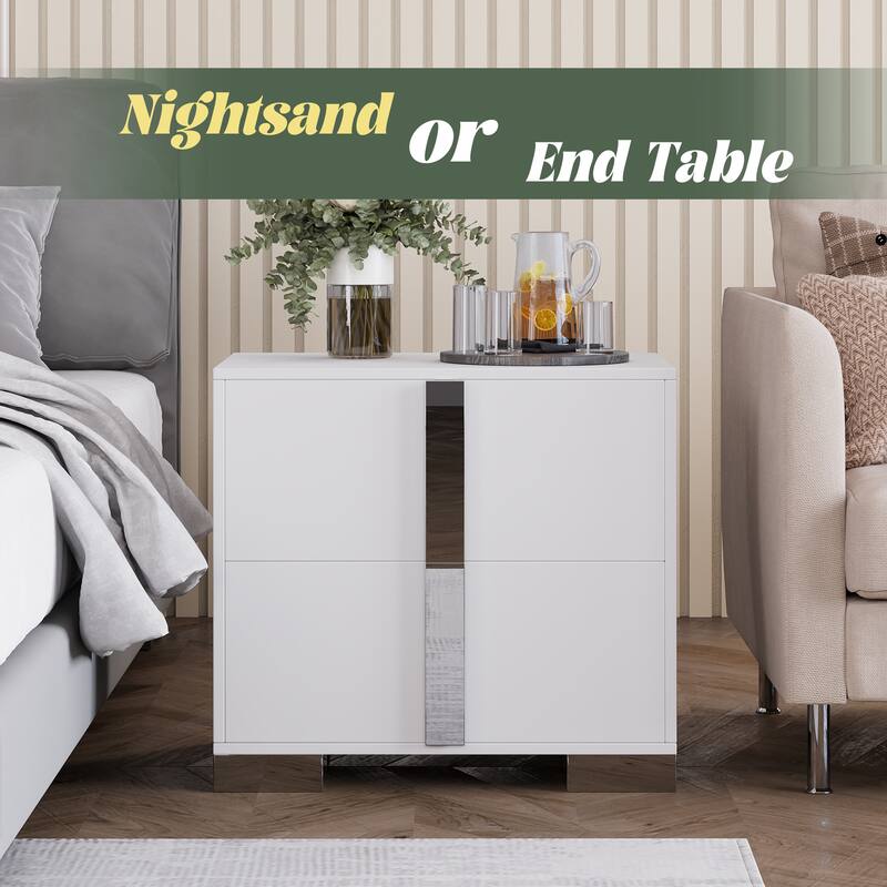 Modern End Table with Drawers, Elegant Nightstand with Metal Foot,Wood Bedside Table with Mirrored Metal Handles