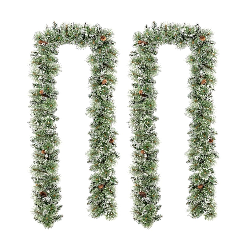 Glitzhome 9ft & 6ft Pre-Lit Frosted Greenery Pinecones Christmas Garland