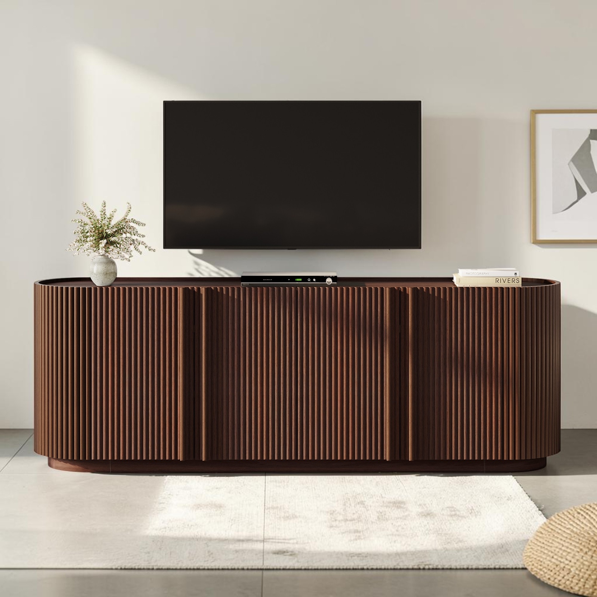 66.9" Mid Century TV Stand for TVs up to 70", Wood Media Console with Fluted Doors & Shelves