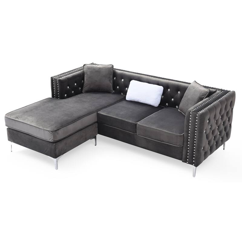 Gray Velvet Sofa Chaise, 87x64x30 inches, 143 pounds