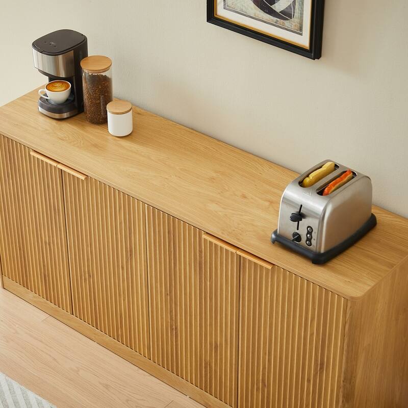 Modern 59" Fluted Buffet Sideboard Cabinet with Shelves, TV Stand Storage Cabinet with 4 Wave Doors for Organized Living Spaces
