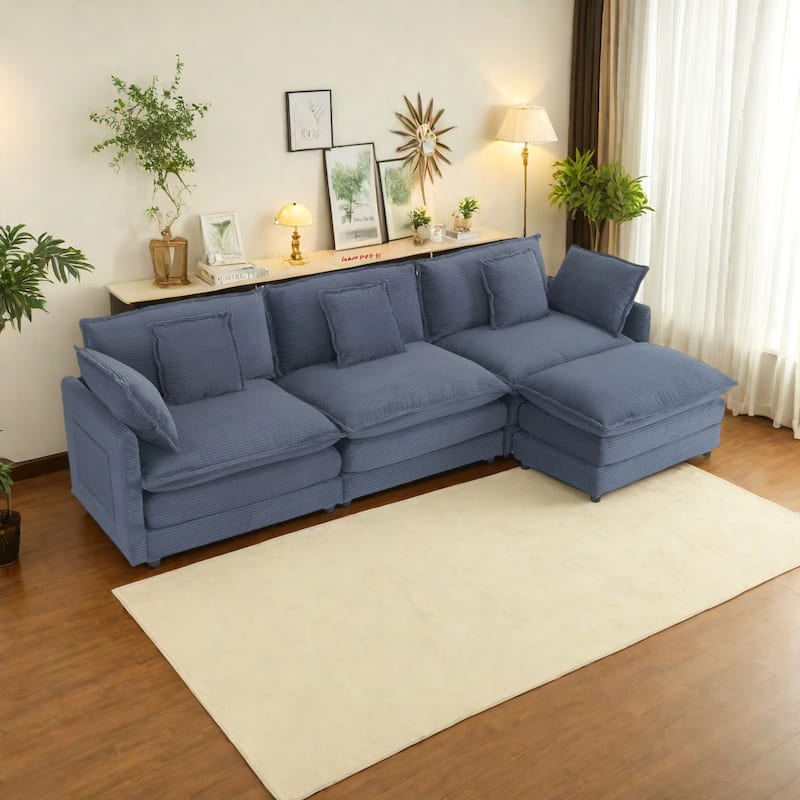 112.6" Corduroy Upholstered L-Shaped Modular Sectional Sofa with Side Storage Pockets