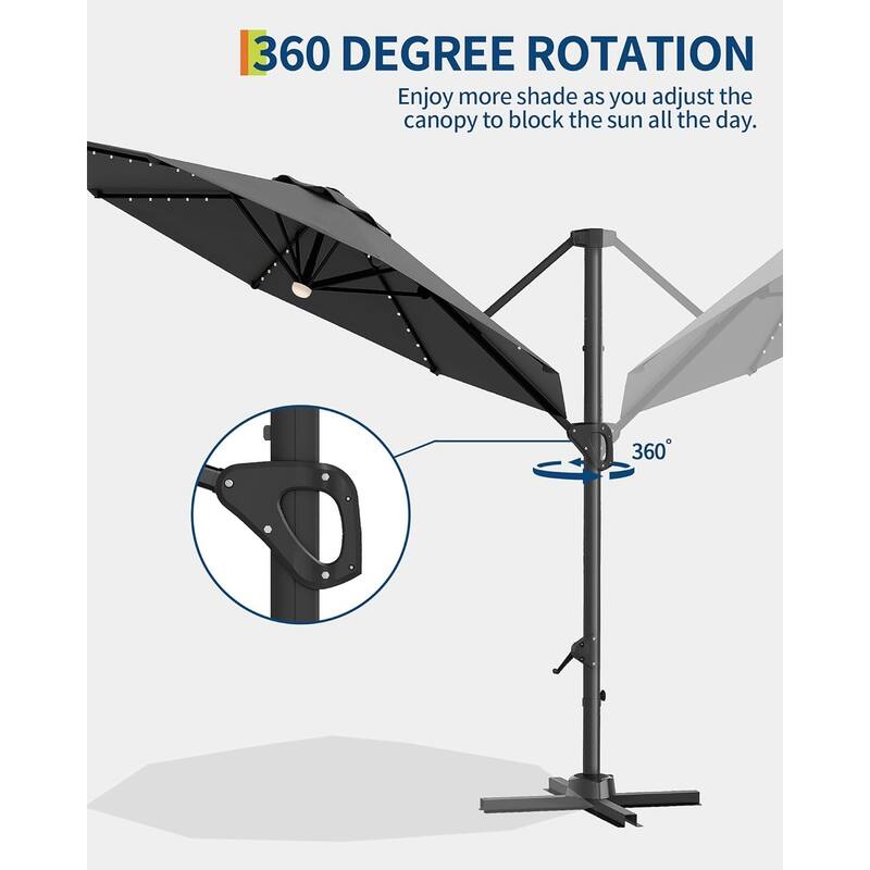 10FT Outdoor Cantilever Umbrella, 360-Degree Rotation, with LED