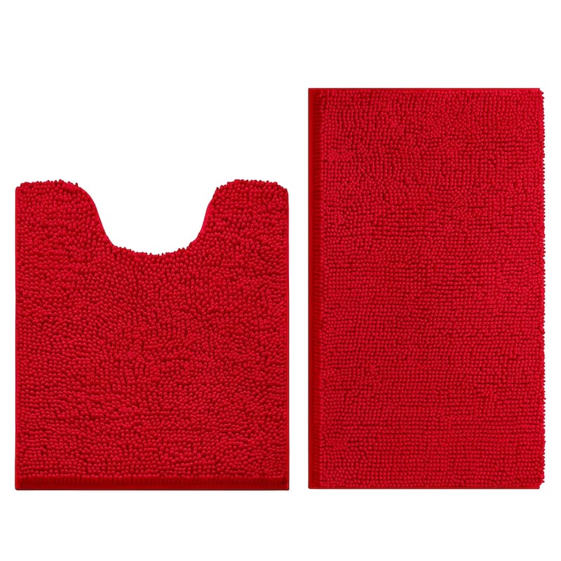 2 Piece Set Red Soft Cozy Plush Chenille Bath Mat Bathroom Rug