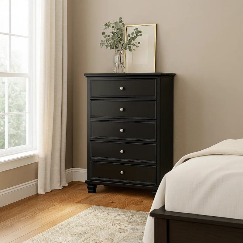 Lemo Tall Dresser Chest, 5 Drawer, Nickel Round Knob, Black Solid Wood