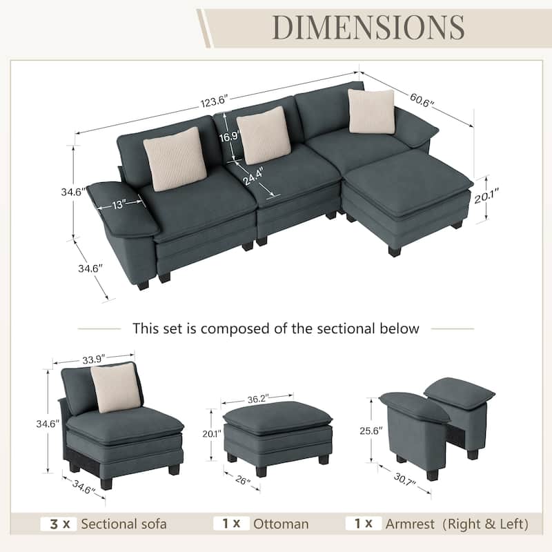 MAISON ARTS Modular Cloud Sectional Sofa, Comfy L- or U-Shaped Couch with Ottomans & Pillows, 4–6 Seat Living Room Sofa