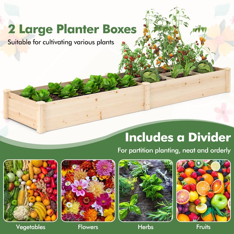 Gymax Wooden Raised Garden Bed w/ 2 Planter Boxes Divider Open-Ended