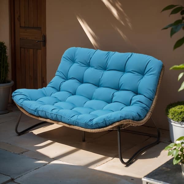 slide 2 of 17, Double Papasan Chair Loveseat with Cushion, All-weather PE Rattan and Metal Frame for Indoor Outdoor 1PC - Blue cushion, Brown rattan, Black frame