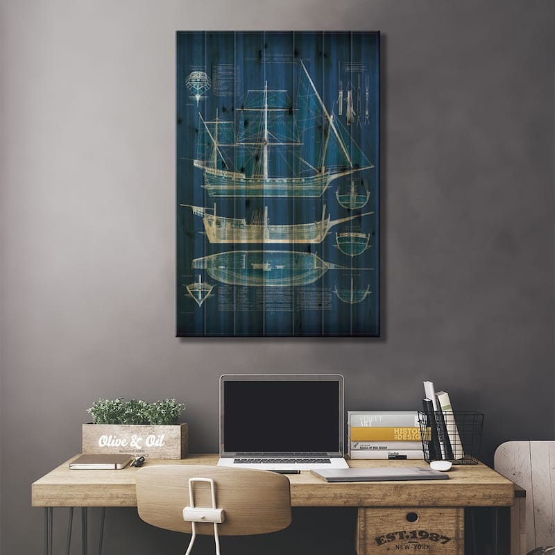 Antique Ship Blueprint I Print On Wood by Vision Studio - Multi-Color