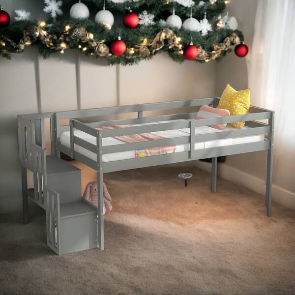 slide 2 of 10, Contemporary Twin Size Loft Bed with 2 Storage Staircase and Guardrails, Space for Entertainment, Solid Construction, Grey Grey