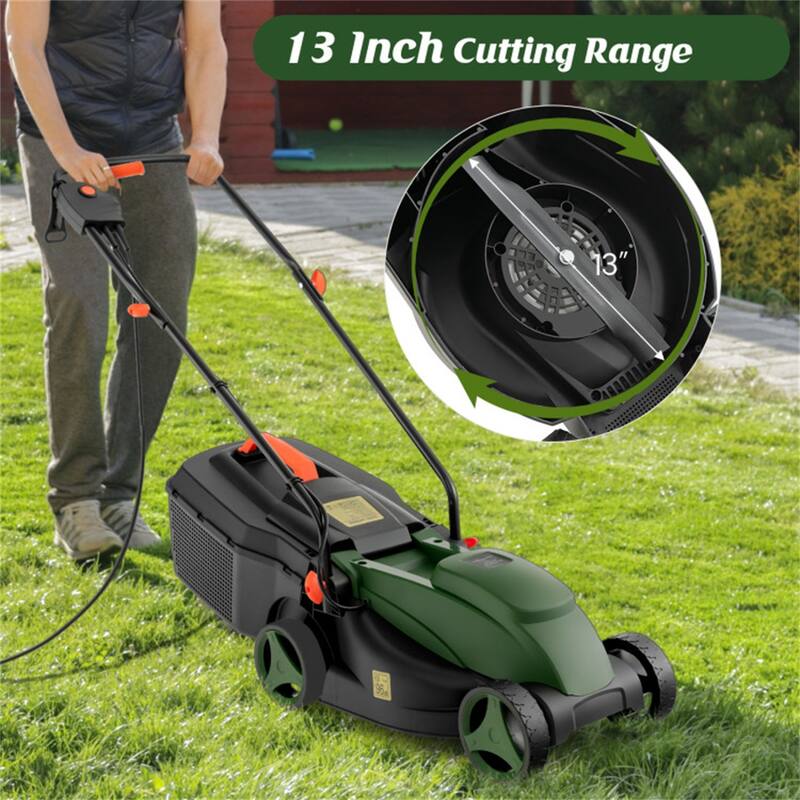 10-AMP Electric Lawn Mower with 13" Cutting Width, Adjustable Heights & 25L Grass Collection Box - 45" x 16" x 35"