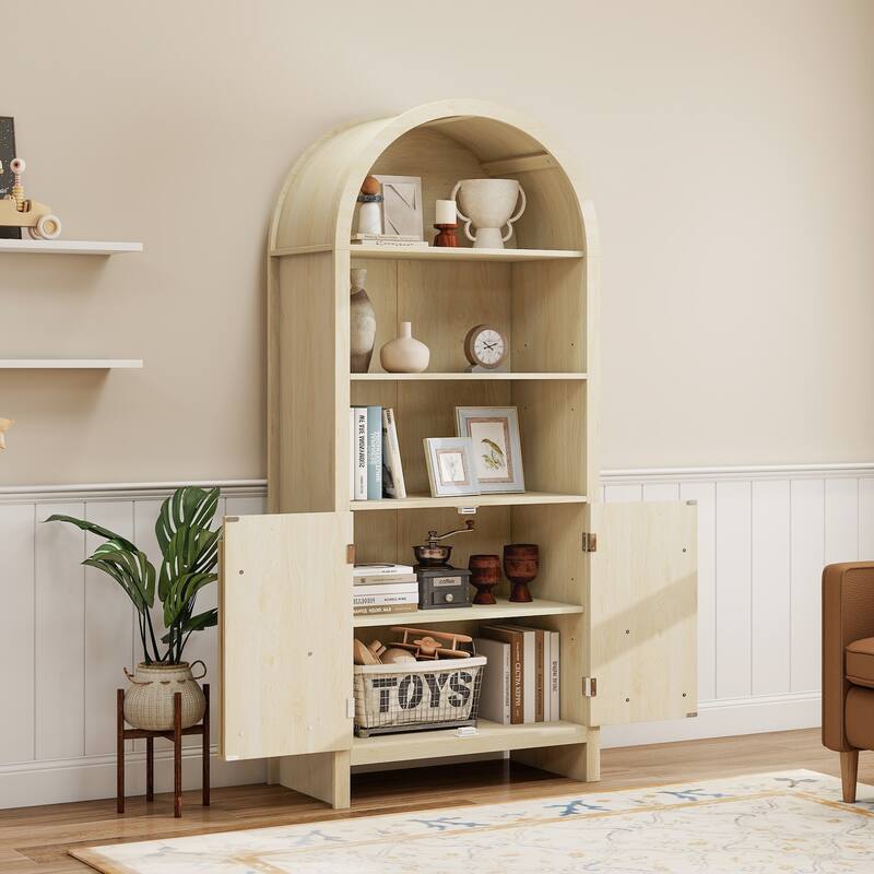Arched Kitchen Cabinet with Fan-Shaped Handles, Wood Storage Cabinets, Accent Cabinet with Adjustable Shelves
