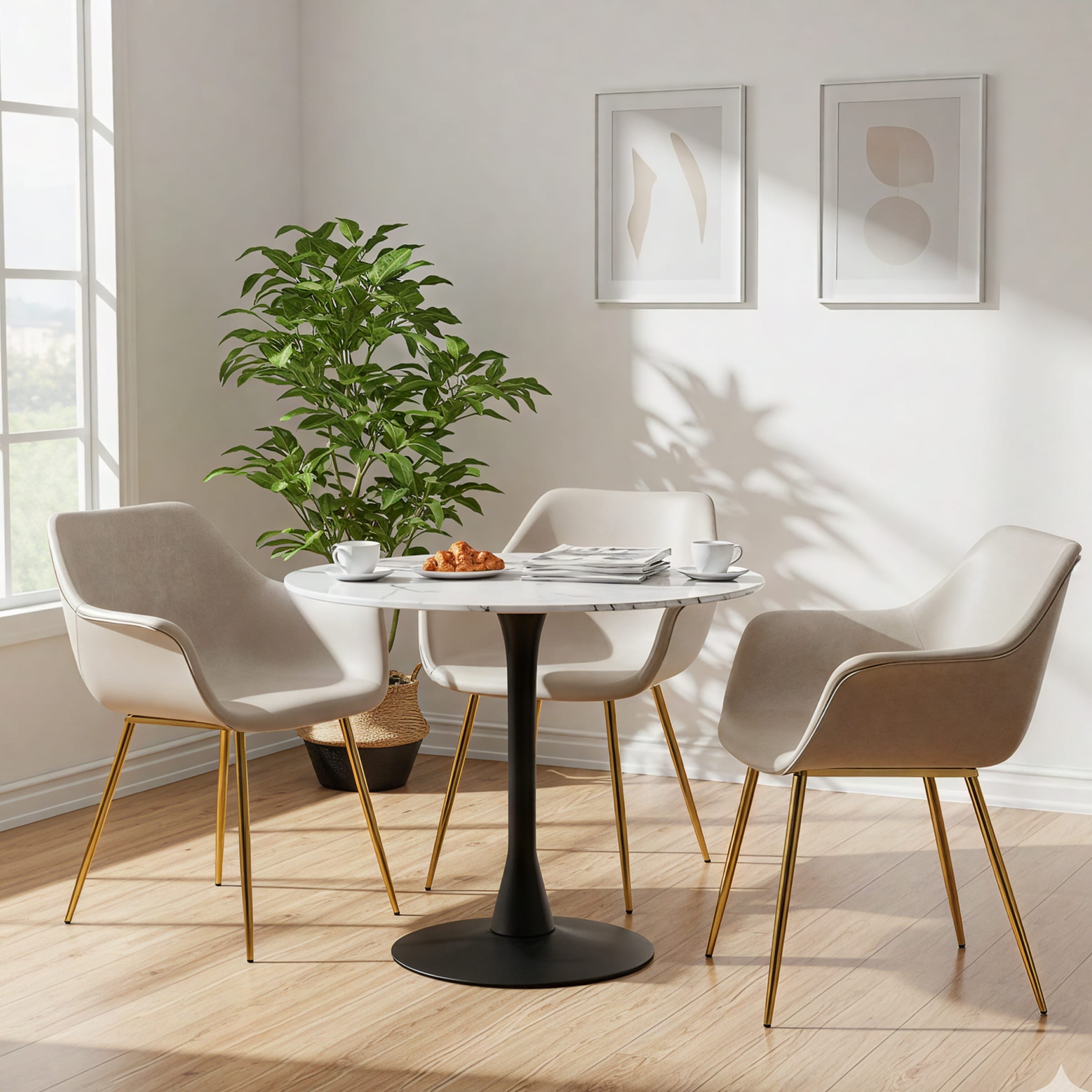 Markley Mid-Century Distressed Leather Dining Armchair Set of 4 - Gold Metal Legs Upholstered Modern Side Chair with Arms