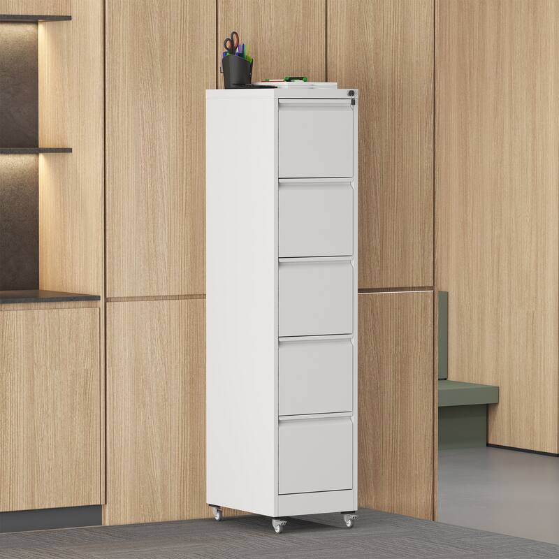 5 Drawer Metal Vertical File Cabinet with Wheels, Home Office Metal Storage Cabinet with Anti-Tilt & Locking Drawers