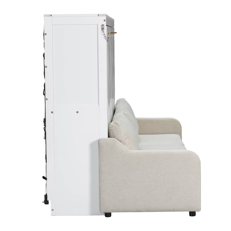 Murphy Bed Wood Cabinet Bed with Folding Sofa, Hideaway Wall Bedframe with Built-in Storage Shelves and LED Lights
