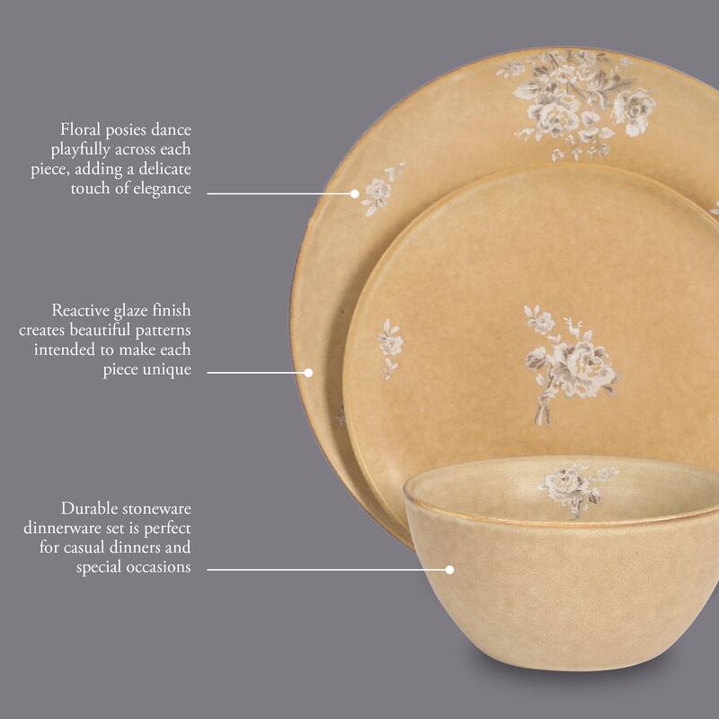 Gibson Elite Valencia Bloom 12 Piece Plates and Bowls Dinnerware Set - Taupe with Floral Decal - Microwave and Dishwasher Safe