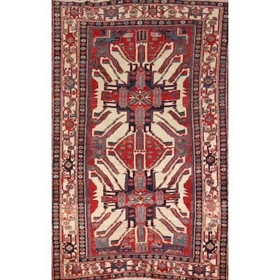 Hand Knotted Oriental 100% Wool Carpet Traditional Geometric Beige & Ivories Heriz (serapi) Area Rug - 7' 3'' X 4' 8''
