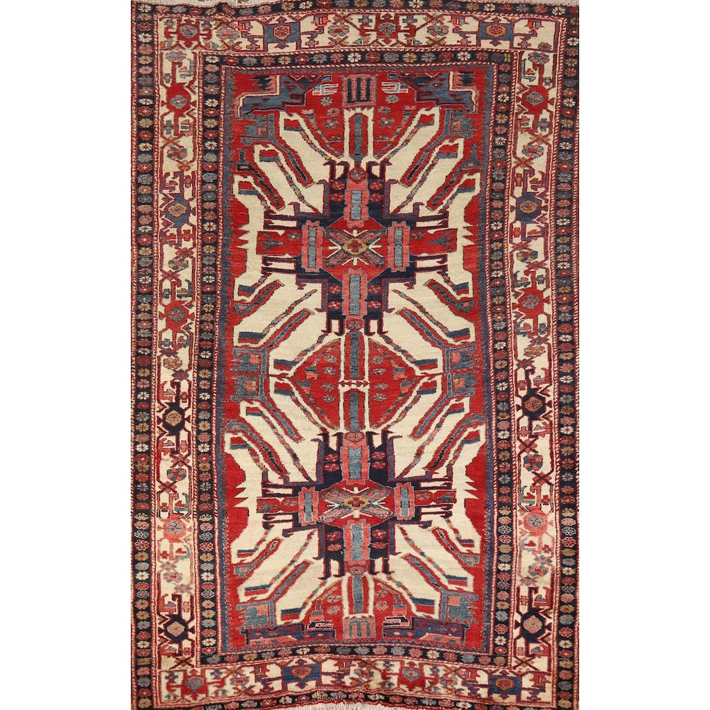 Hand Knotted Oriental 100% Wool Carpet Traditional Geometric Beige & Ivories Heriz (serapi) Area Rug - 7' 3'' X 4' 8''