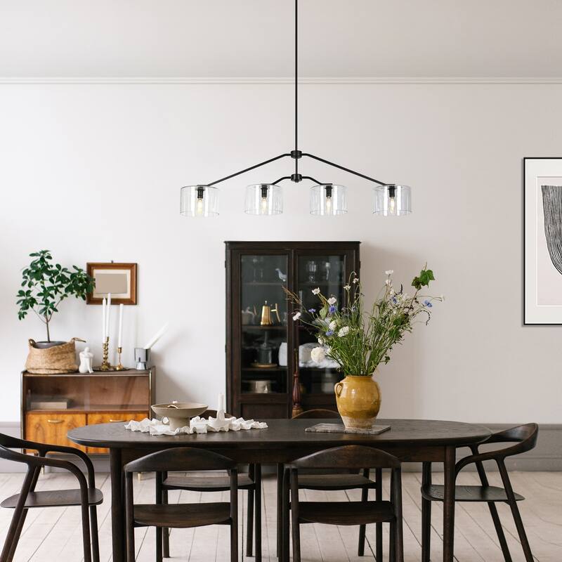 4-Light Black Linear Chandelier Sculptural Pendant with Clear Glass - 48.1"W x 7.8"D x 25.8" - 75.8"H