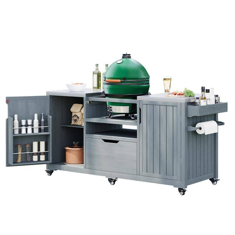 Outdoor Kitchen Island for Big Green Egg Grills, Solid Wood Outdoor Grill Cart w/Stainless Steel Top &Drawer, Patio Kitchen Cart