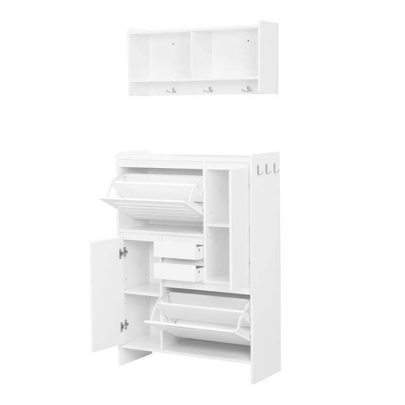Multi-Functional Shoe Cabinet with Wall Cabinet, Space-saving Design Side Cabinet with 2 Flip Drawers and Hanging Hooks
