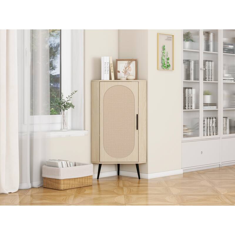 Corner cabinet, Rattan door,Freestanding Corner Tables For Small Spaces, Corner Shelf Stand For Living Room, Kitchen, Bedroom
