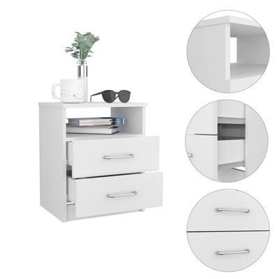 Medium White Nightstand with Drawers and Shelf Stylish Wooden End Table for Modern Bedrooms