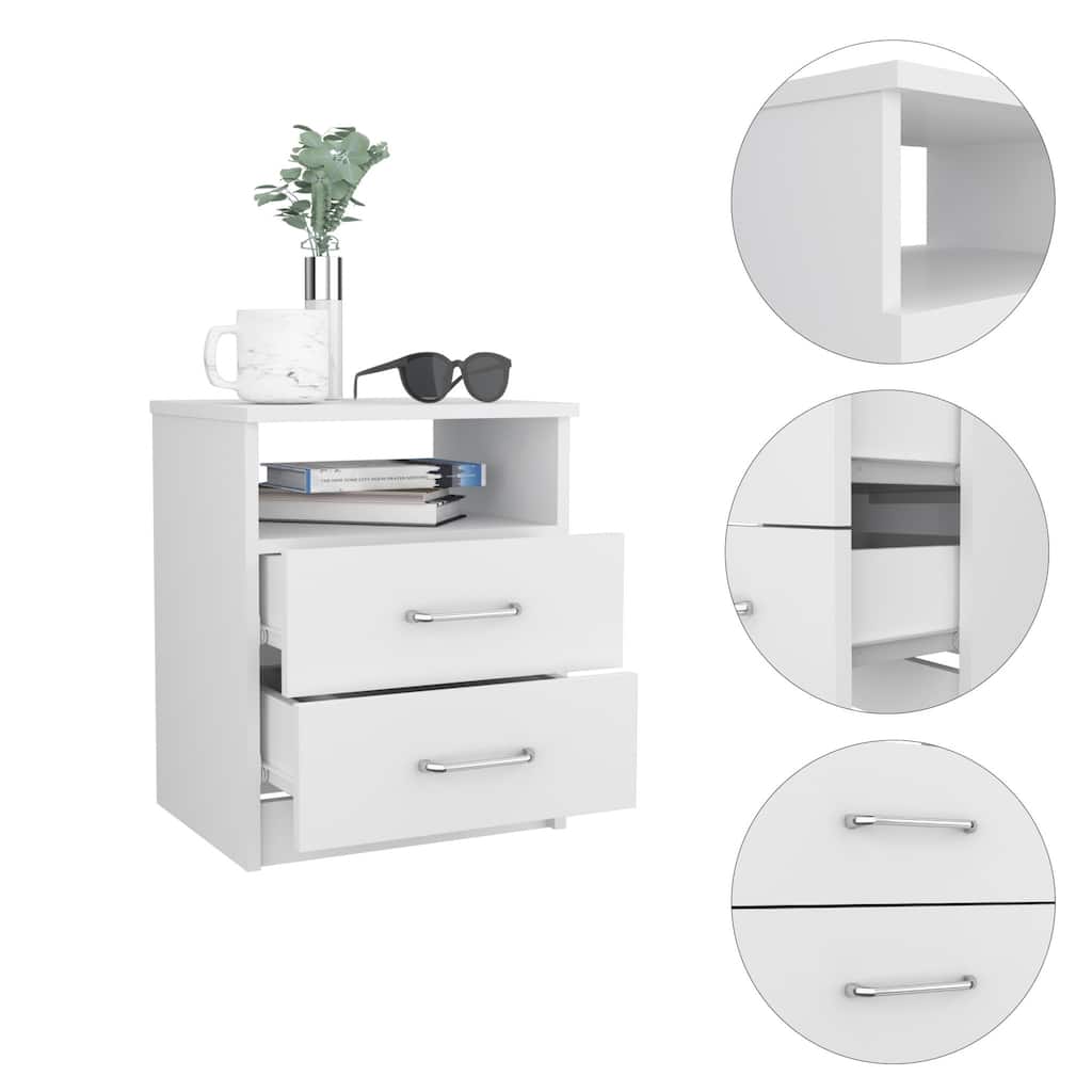 Medium White Nightstand with Drawers and Shelf Stylish Wooden End Table for Modern Bedrooms