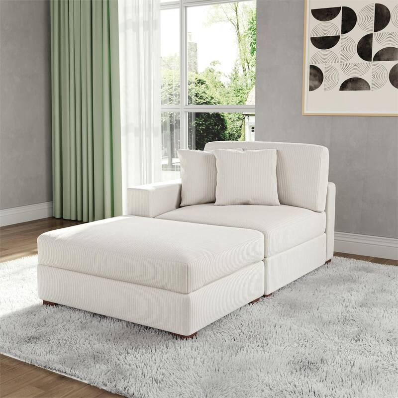 Corduroy Chaise Lounge Sofa with Ottoman for Living Room - Left - Beige/Left