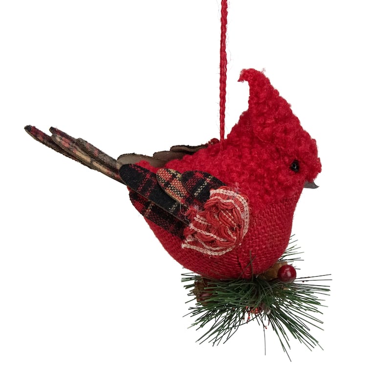 6.5" Red Burlap Cardinal with Pine Needles Berries Christmas Ornament